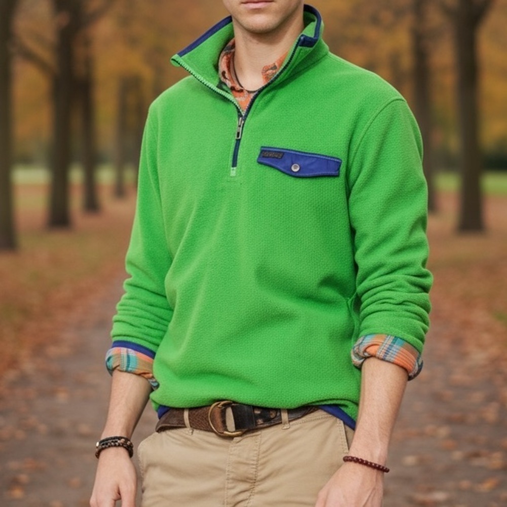 Polo Ralph Lauren Men’s Quarter Zip Pullover Fleece Green Cobalt Blue Trim M